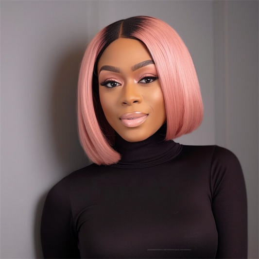 Human Hair 4x4 Lace Closure Ombre 1B/Pink Straight BOB Wig - MH