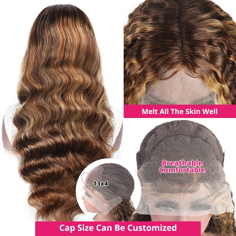 250 Density13x6 Highlight Wig Human Hair HD Body Wave Lace Front Human Hair Wigs Brazilian Remy 13x4 Lace Frontal Wig For Women