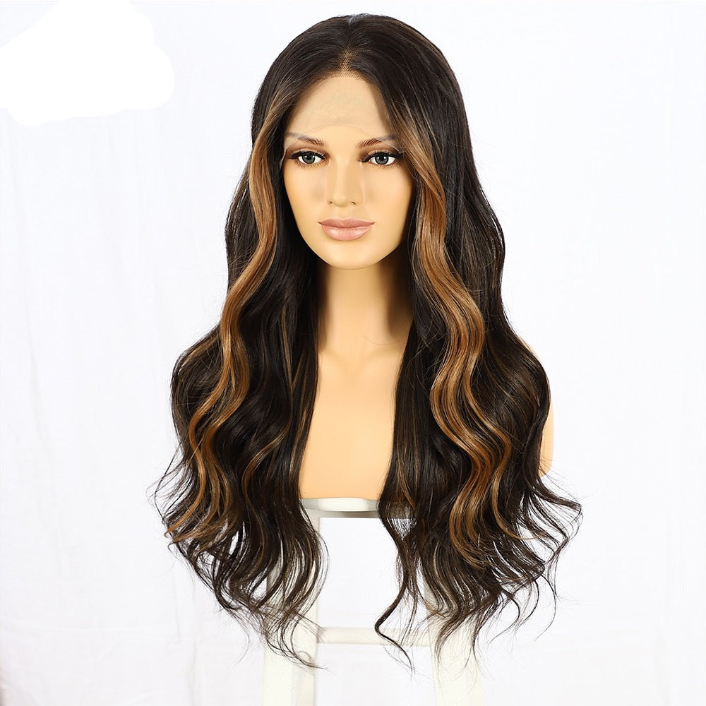 Brown Blonde Colored Synthetic Lace Front Wig Highlight Ginger Orange HD Transparent Lace Frontal Wig Body Wave Full Cosplay Wig
