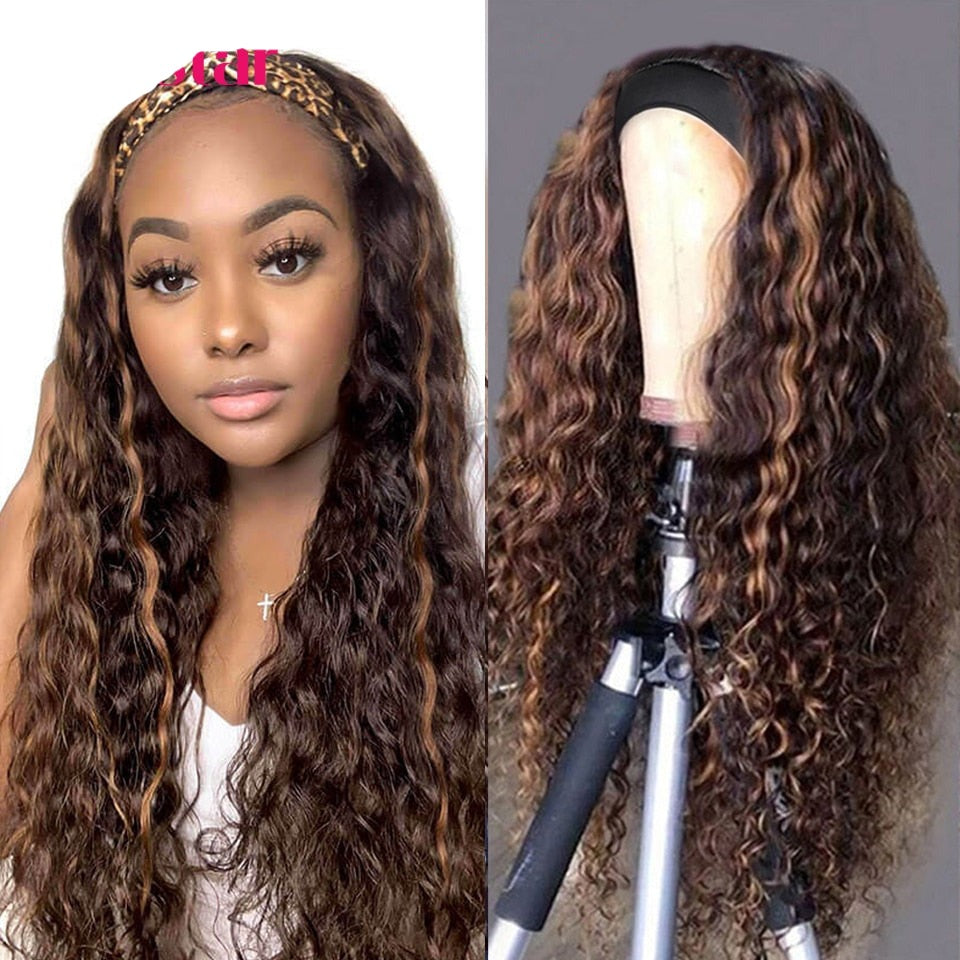 Ombre Headband Wigs Human Hair Water Curly Headband Human Hair Wigs for Women Brazilian Highlight Wigs Honey Blonde Wig
