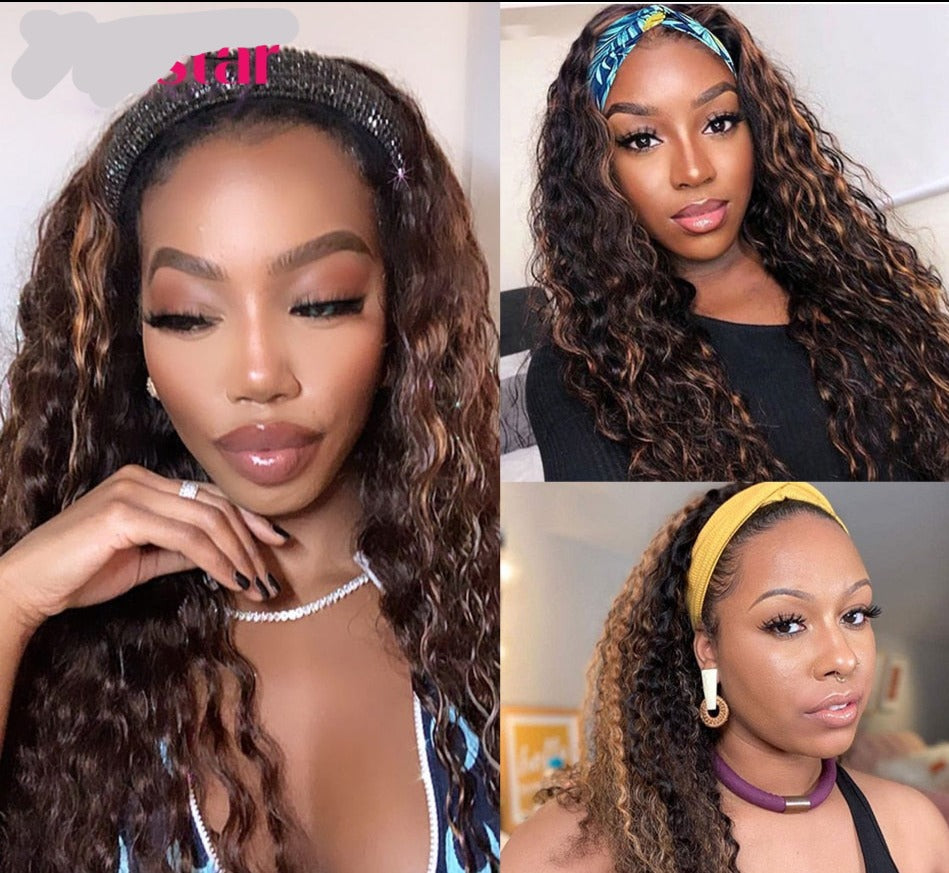 Ombre Headband Wigs Human Hair Water Curly Headband Human Hair Wigs for Women Brazilian Highlight Wigs Honey Blonde Wig