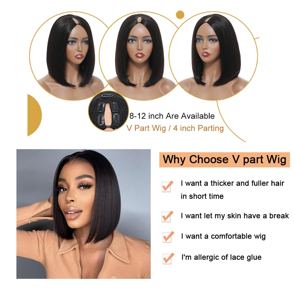 Straight Short Bob Wig V Part Wig Human Hair No Leave Out Glueless Upgrade U Part Wigs Brazilian Short Wigs Human Hair