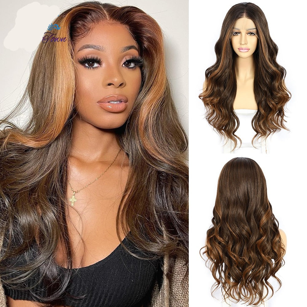 Brown Blonde Colored Synthetic Lace Front Wig Highlight Ginger Orange HD Transparent Lace Frontal Wig Body Wave Full Cosplay Wig