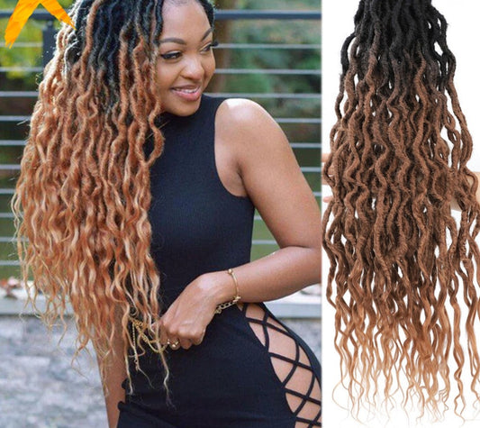 Goddess Faux Locs With Curly End Synthetic Crochet Braids Hair Extensions For Women Ombre Brown Color Messy Dreadlocks