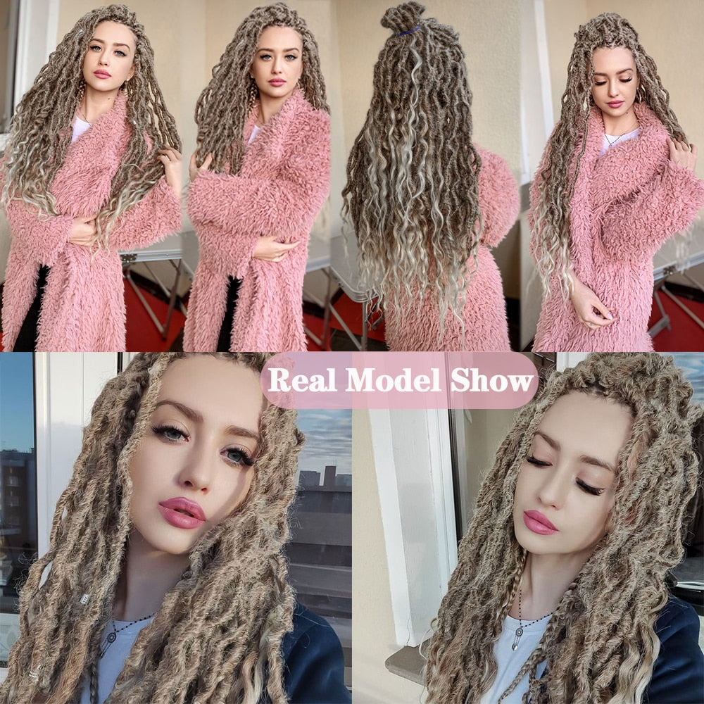 Goddess Faux Locs With Curly End Synthetic Crochet Braids Hair Extensions For Women Ombre Brown Color Messy Dreadlocks
