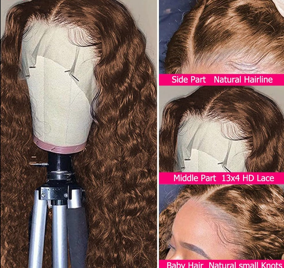 Chocolate Brown Lace Front Human Hair Wigs Deep Wave 13x4 HD Transparent Lace Frontal Wig Glueless Wig For Women