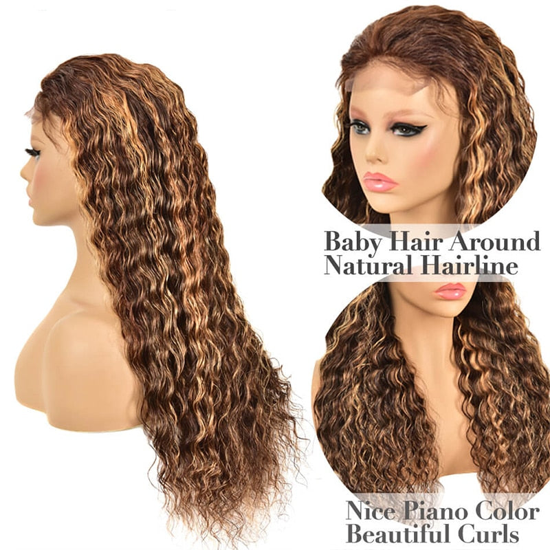 Deep Wave 4x4/13x4 Frontal Wig P4/27 Highlight Wig Ombre Color Lace Front Human Hair Wigs For Woman