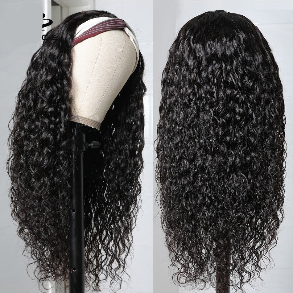 Headband Wig Human Hair Headband Scarf Wig Water Wave Human Hair Wigs for Women No Glue No Sew In