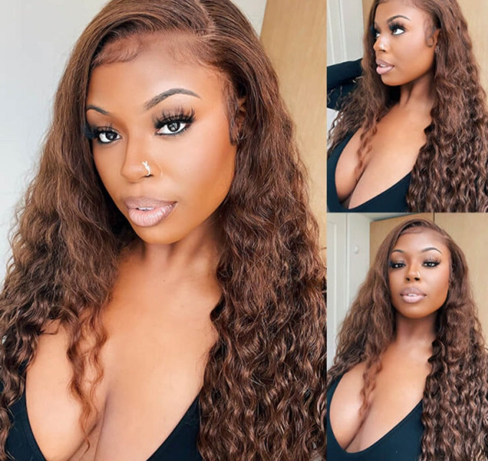 Chocolate Brown Lace Front Human Hair Wigs Deep Wave 13x4 HD Transparent Lace Frontal Wig Glueless Wig For Women