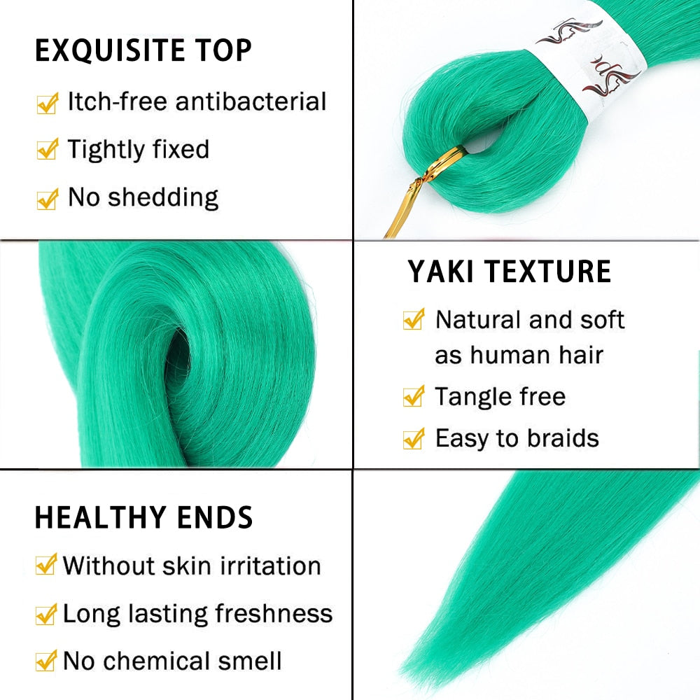 4Pcs Long Straight Pre Stretched Synthetic Braiding Hair Extensions Green Color Box Braid 24/30inches Rainbow Crochet Hair