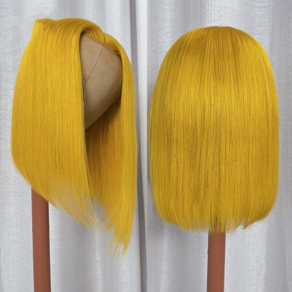 Lemon Yellow Bob Shoulder Length Straight Human Hair Lace Frontal Wig 13x4 Lace Front Silky Soft Peruvian Lace Wig