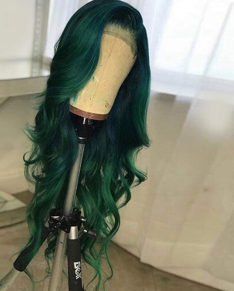 Dark Green Lace Front Wigs For Women Human Hair Pre Plucked Transparent Ombre Green Lace Frontal Wig with Roots Colored