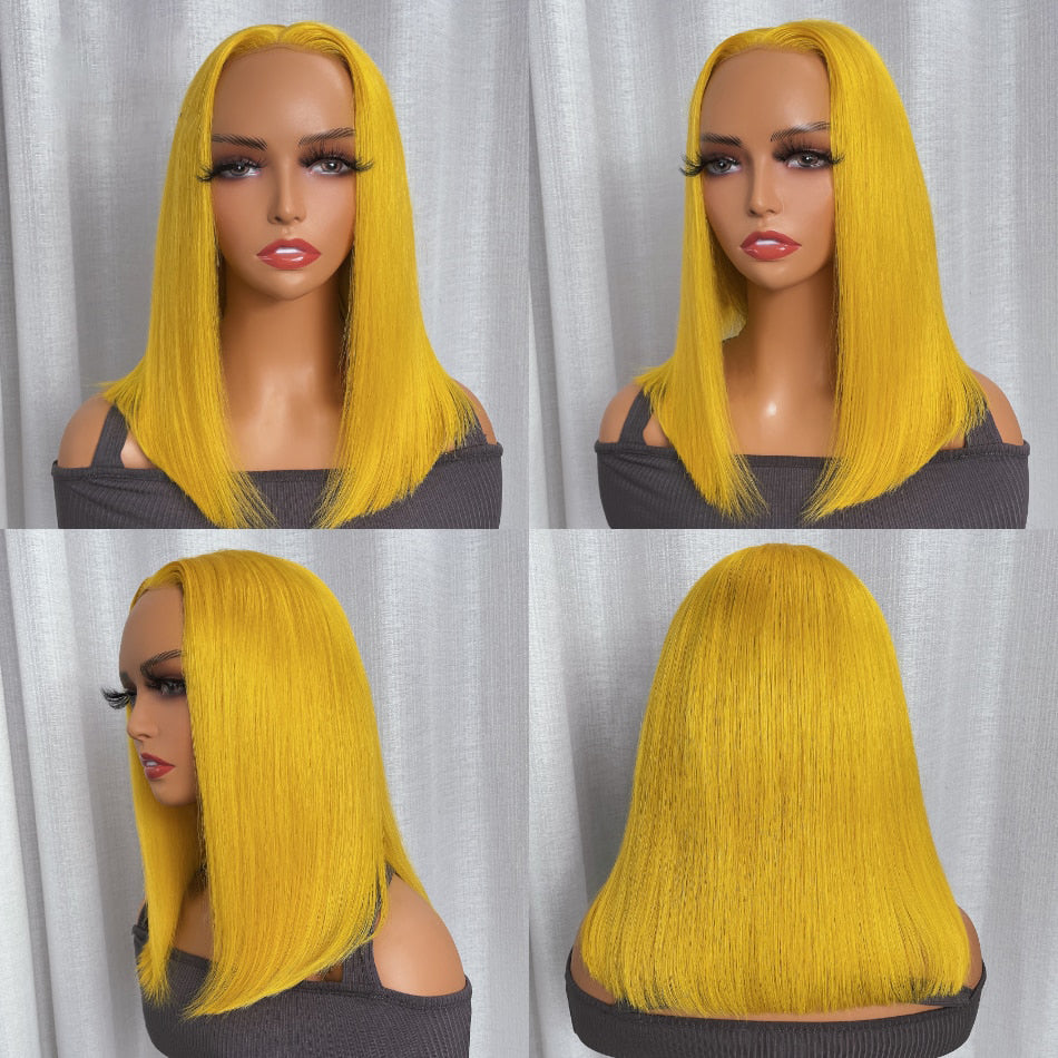 Lemon Yellow Bob Shoulder Length Straight Human Hair Lace Frontal Wig 13x4 Lace Front Silky Soft Peruvian Lace Wig