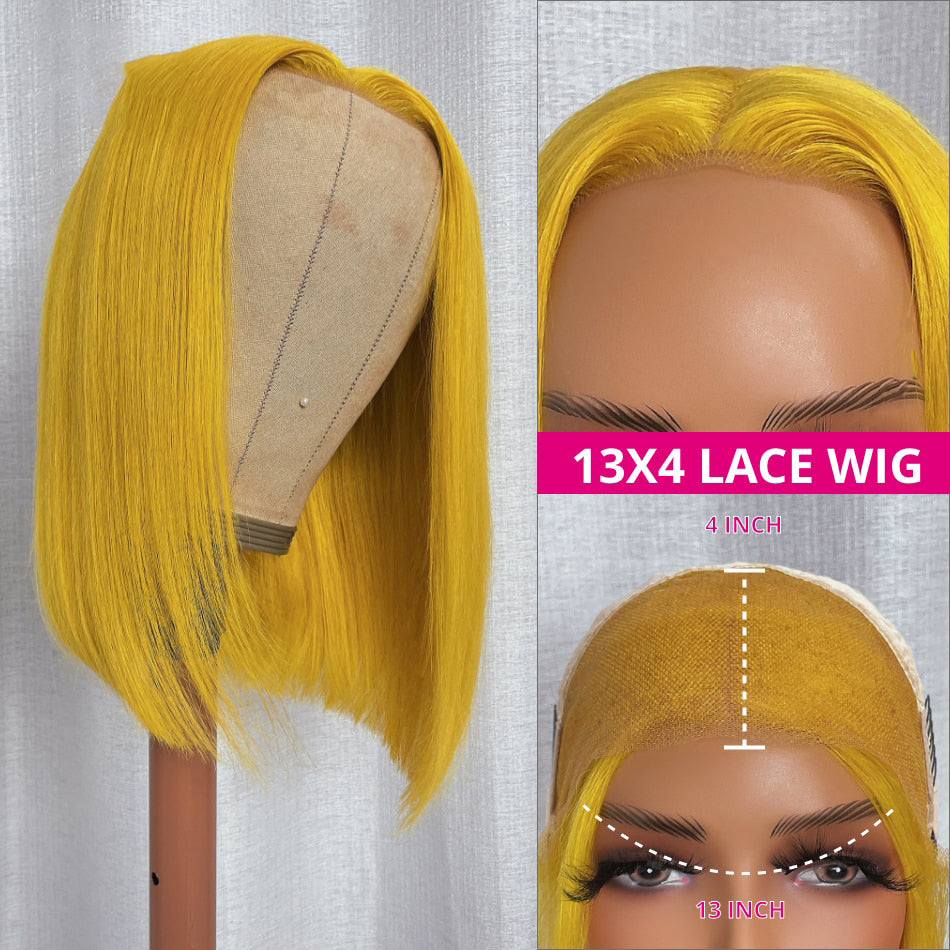 Lemon Yellow Bob Shoulder Length Straight Human Hair Lace Frontal Wig 13x4 Lace Front Silky Soft Peruvian Lace Wig