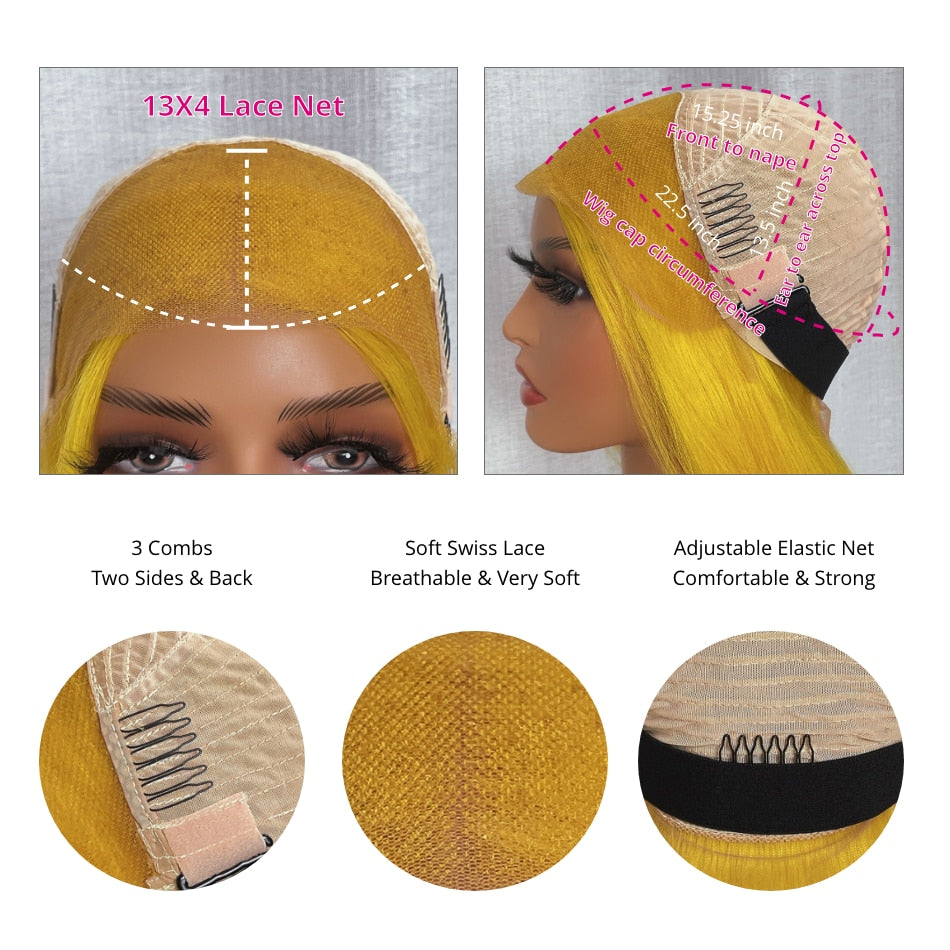 Lemon Yellow Bob Shoulder Length Straight Human Hair Lace Frontal Wig 13x4 Lace Front Silky Soft Peruvian Lace Wig