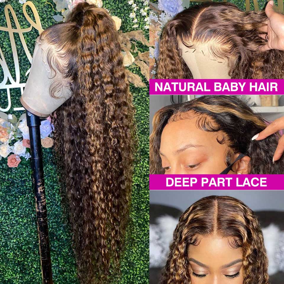 Highlight Wig Human Hair 13x4 Curly Wig Honey Blonde Lace Front Wigs For Black Women 30 Inch Ombre Colored Deep Wave Frontal Wig