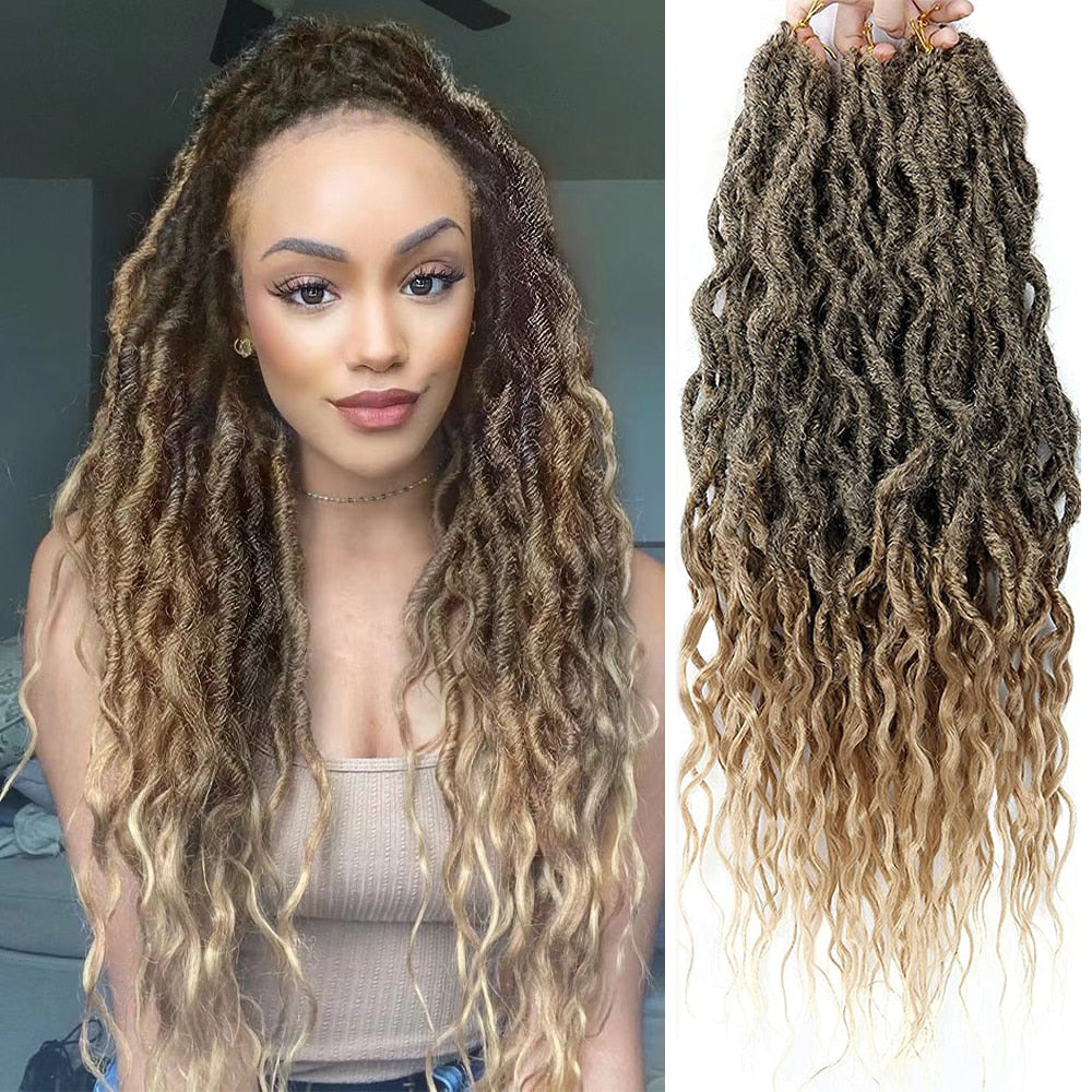 Goddess Faux Locs With Curly End Synthetic Crochet Braids Hair Extensions For Women Ombre Brown Color Messy Dreadlocks