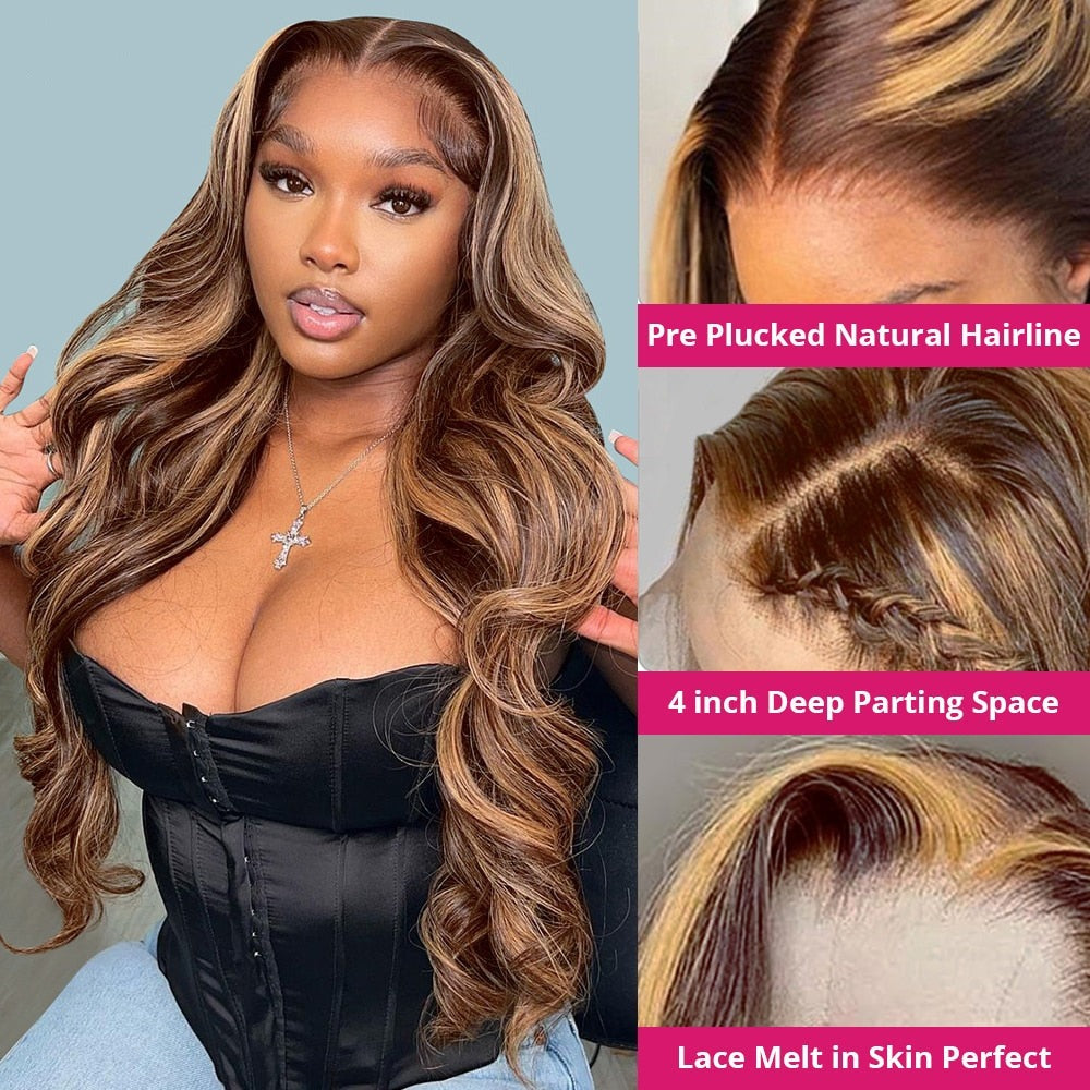 250 Density13x6 Highlight Wig Human Hair HD Body Wave Lace Front Human Hair Wigs Brazilian Remy 13x4 Lace Frontal Wig For Women