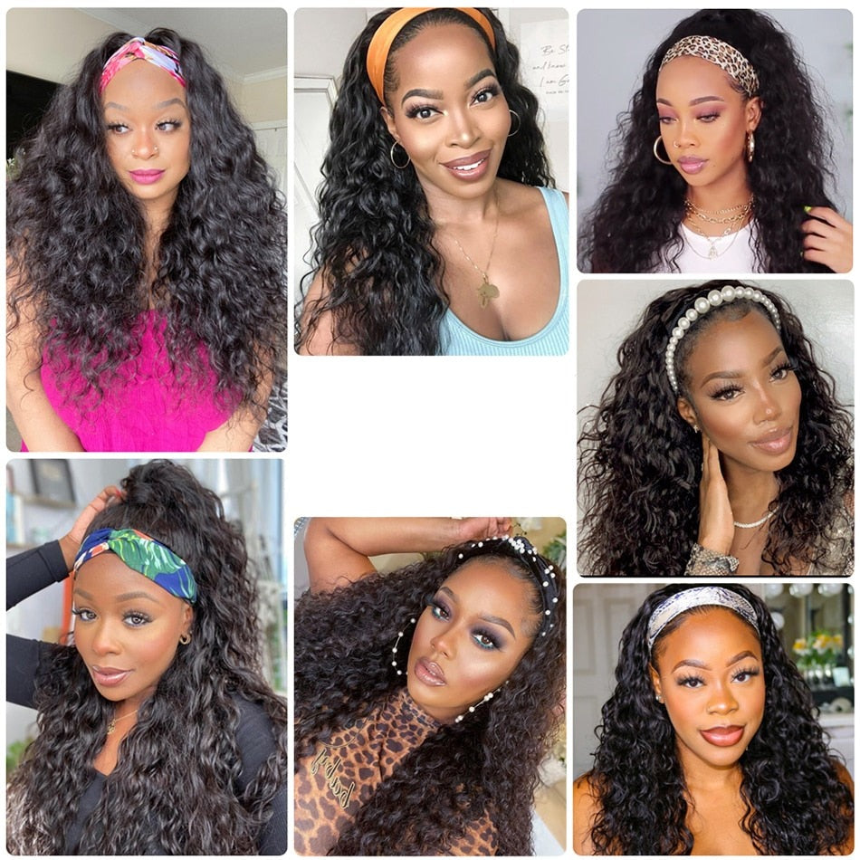 Headband Wig Human Hair Headband Scarf Wig Water Wave Human Hair Wigs for Women No Glue No Sew In