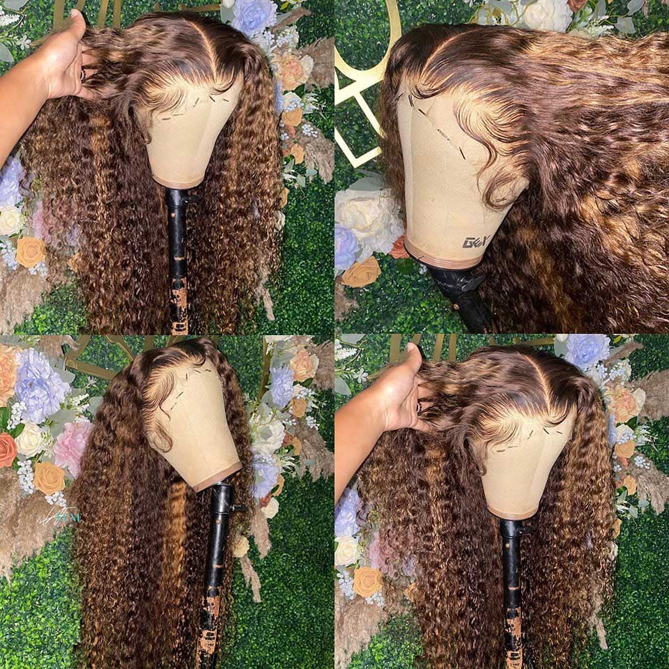 Highlight Wig Human Hair 13x4 Curly Wig Honey Blonde Lace Front Wigs For Black Women 30 Inch Ombre Colored Deep Wave Frontal Wig