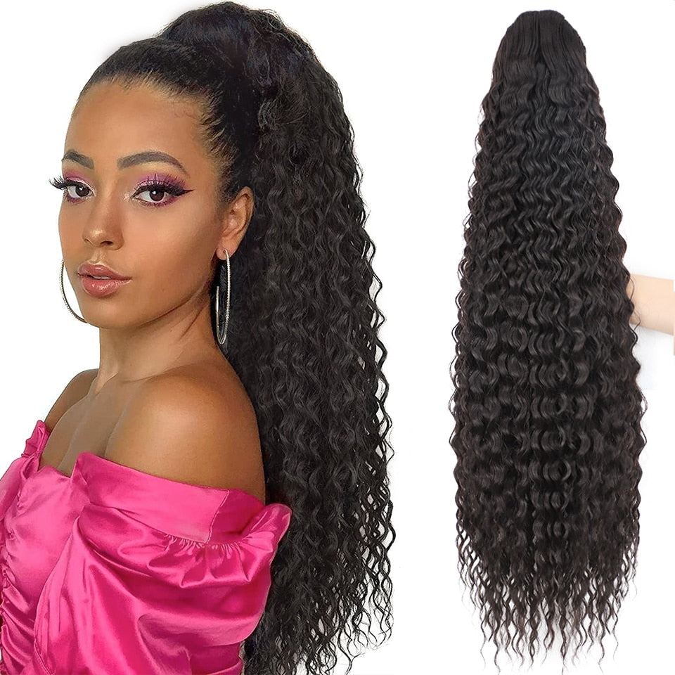 Synthetic Synthetic Drawstring Ponytail Long Kinky Curly Ponytail Hair Black Ponytail Clip-In Hair Extension For Women