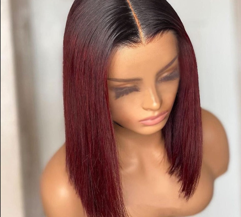 Ombre Brown Bone Straight Bob T Part Lace Front Human Hair Wig For Women Colored Brazilian Remy Hair Glueless 99j Red Wig