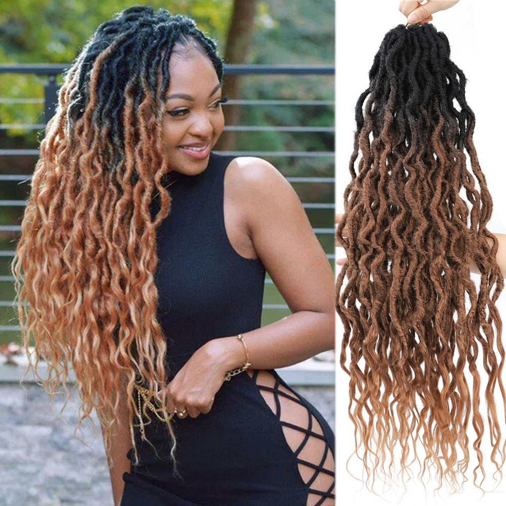 Goddess Faux Locs With Curly End Synthetic Crochet Braids Hair Extensions For Women Ombre Brown Color Messy Dreadlocks