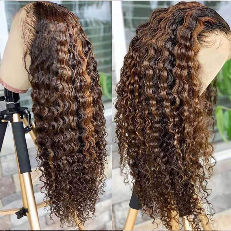 Deep Wave 4x4/13x4 Frontal Wig P4/27 Highlight Wig Ombre Color Lace Front Human Hair Wigs For Woman