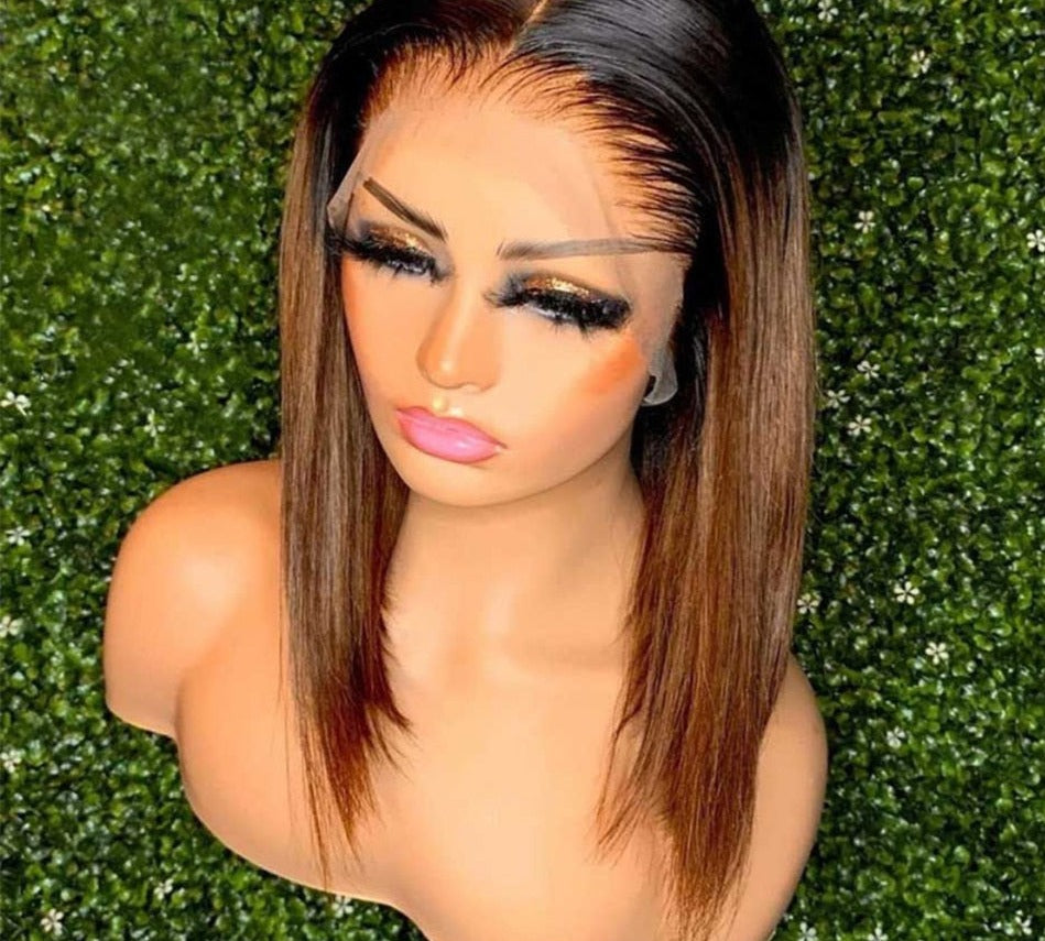 Ombre Brown Bone Straight Bob T Part Lace Front Human Hair Wig For Women Colored Brazilian Remy Hair Glueless 99j Red Wig