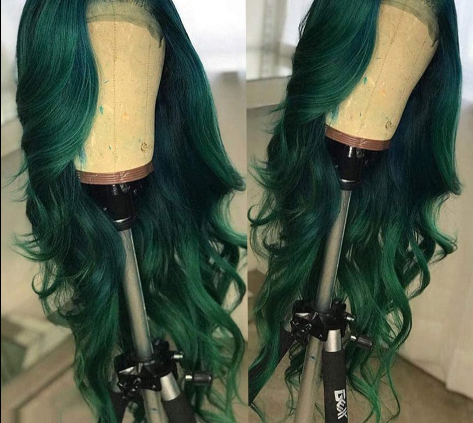 Dark Green Lace Front Wigs For Women Human Hair Pre Plucked Transparent Ombre Green Lace Frontal Wig with Roots Colored