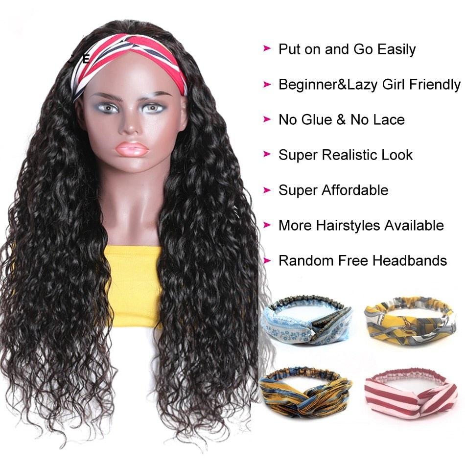 Headband Wig Human Hair Headband Scarf Wig Water Wave Human Hair Wigs for Women No Glue No Sew In
