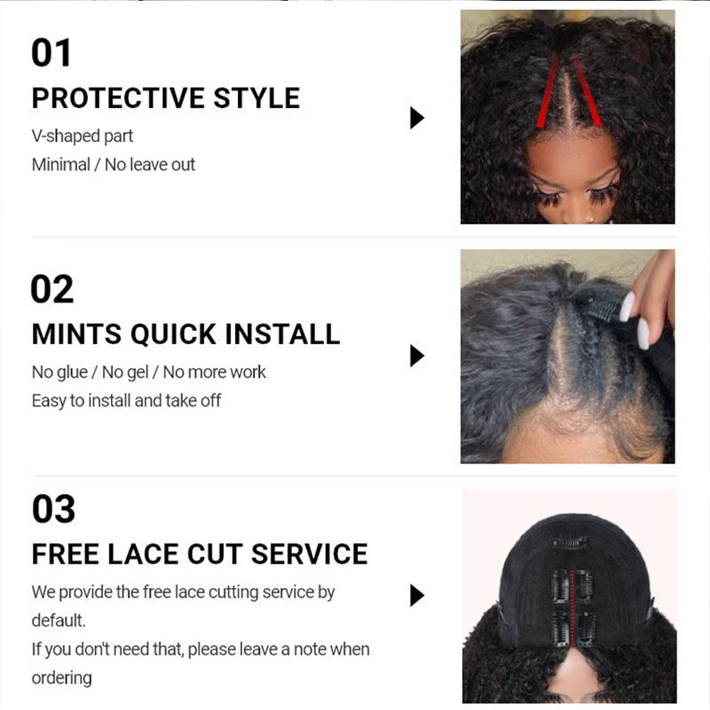 Kinky Curly V Part Wig Human Hair No Leave Out Brazilian Hair Wigs for Women 250 Density Deep Wave Curly Glueless V U Part Wig