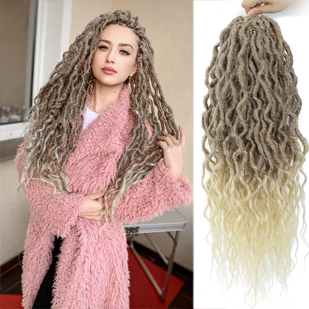 Goddess Faux Locs With Curly End Synthetic Crochet Braids Hair Extensions For Women Ombre Brown Color Messy Dreadlocks