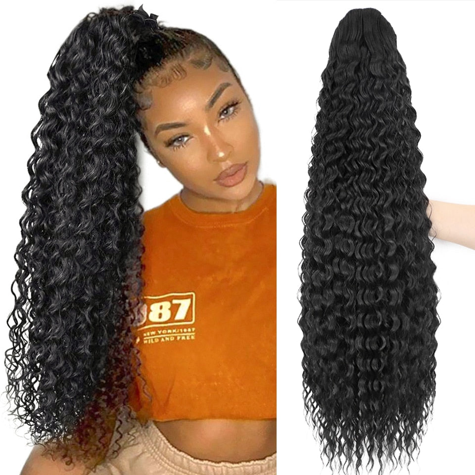 Synthetic Synthetic Drawstring Ponytail Long Kinky Curly Ponytail Hair Black Ponytail Clip-In Hair Extension For Women