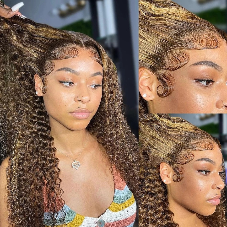 Highlight Wig Human Hair 13x4 Curly Wig Honey Blonde Lace Front Wigs For Black Women 30 Inch Ombre Colored Deep Wave Frontal Wig
