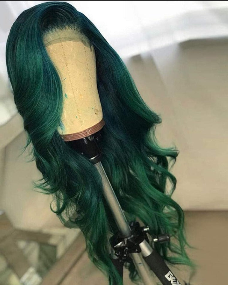 Dark Green Lace Front Wigs For Women Human Hair Pre Plucked Transparent Ombre Green Lace Frontal Wig with Roots Colored