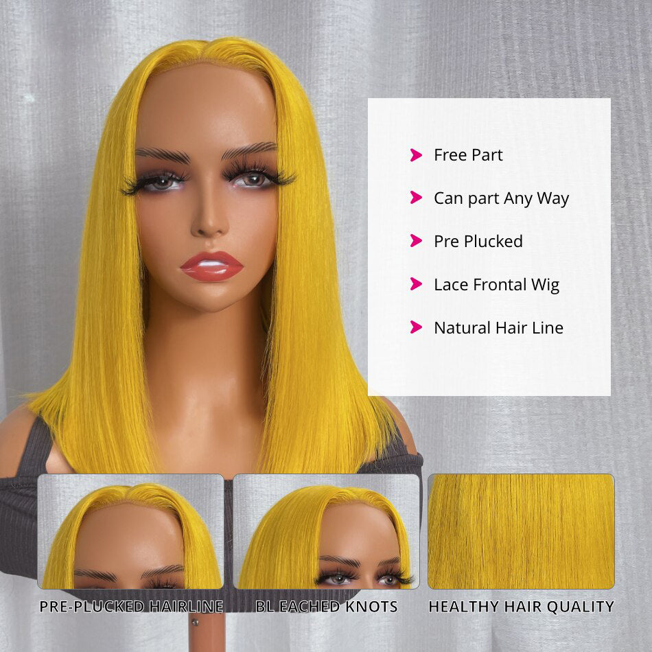 Lemon Yellow Bob Shoulder Length Straight Human Hair Lace Frontal Wig 13x4 Lace Front Silky Soft Peruvian Lace Wig