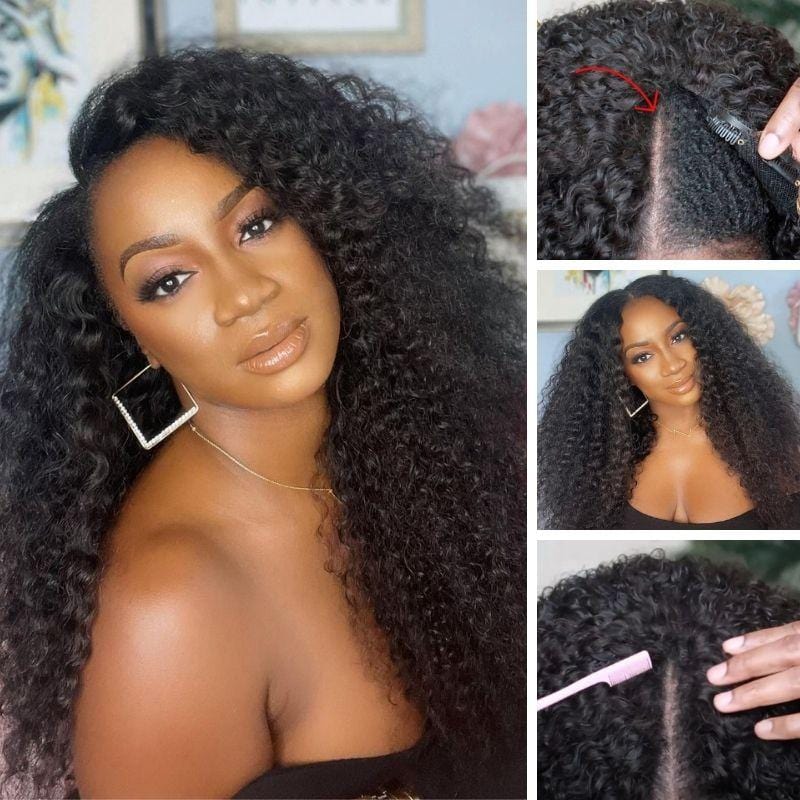 Kinky Curly V Part Wig Human Hair No Leave Out Brazilian Hair Wigs for Women 250 Density Deep Wave Curly Glueless V U Part Wig