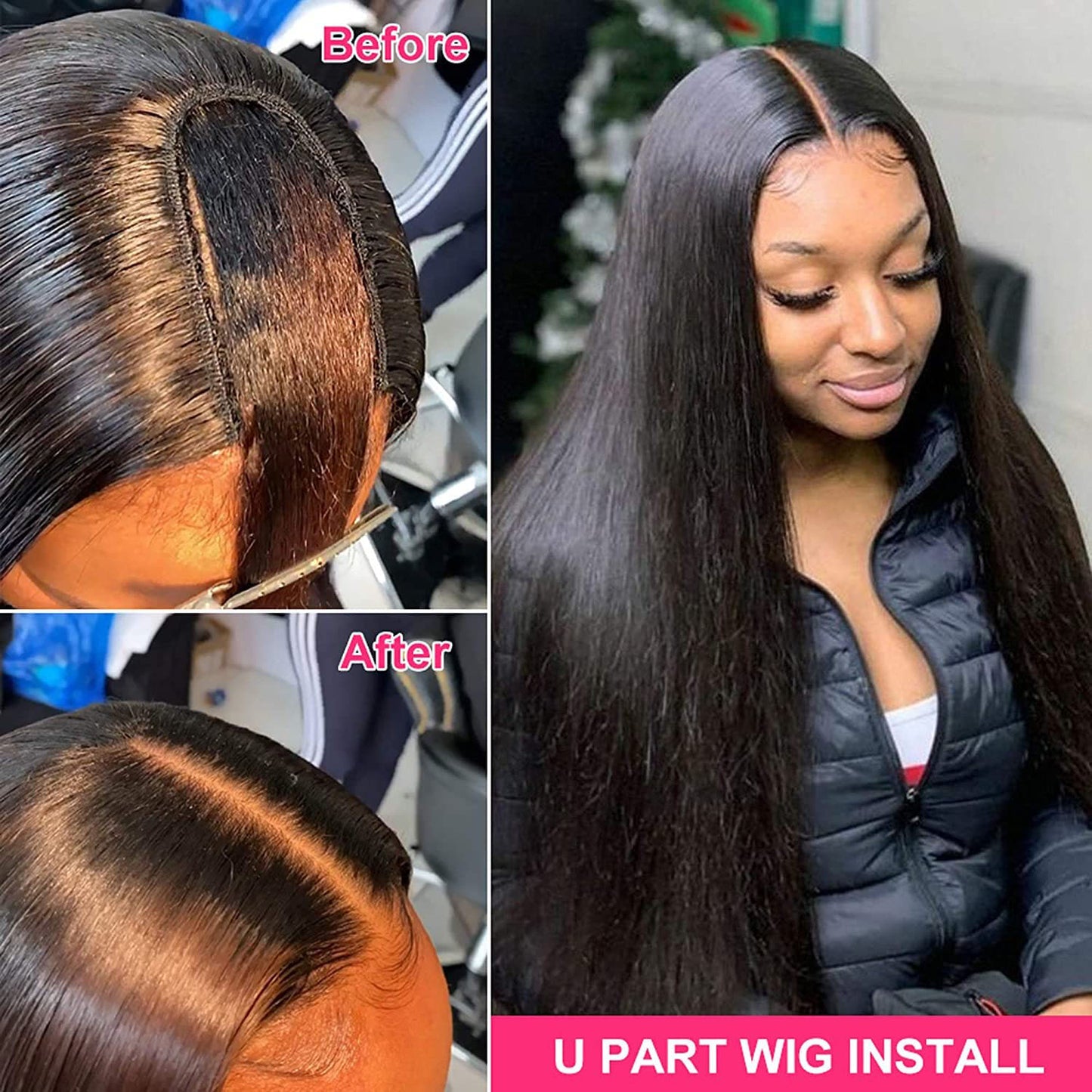 Malaysian Straight U Part Wig Human Hair Wigs For Women Straight Wigs No Lace Part Wig No Glue Hair Wig 180% Density wholesale