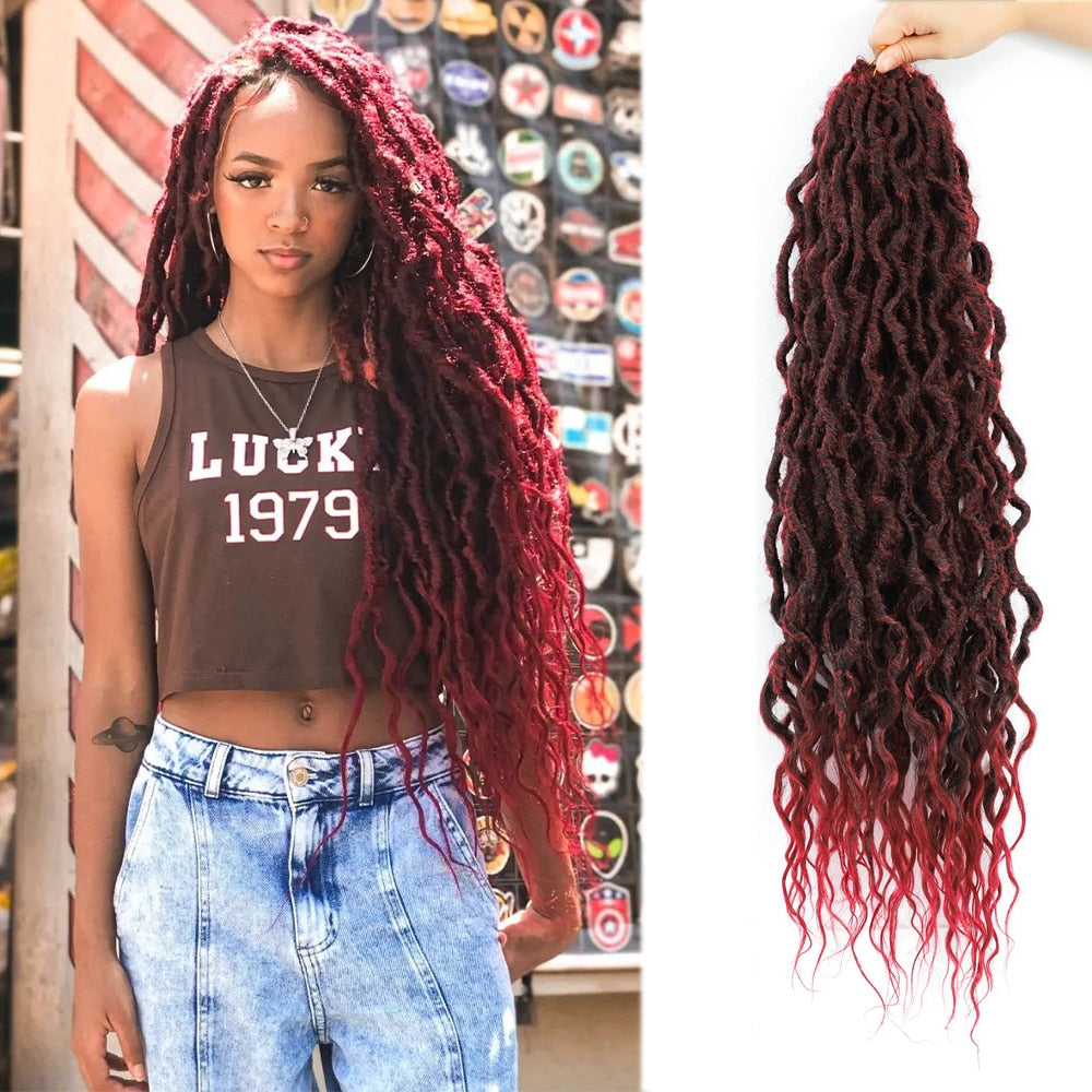 Goddess Faux Locs With Curly End Synthetic Crochet Braids Hair Extensions For Women Ombre Brown Color Messy Dreadlocks