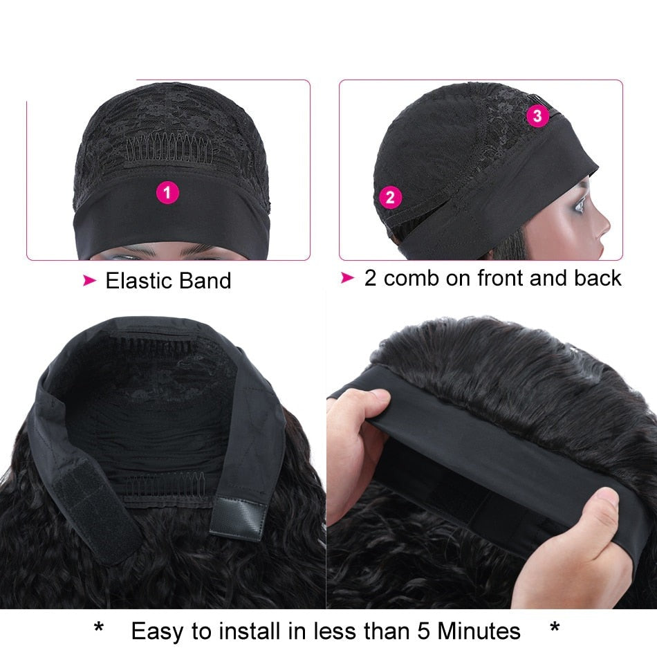 Headband Wig Human Hair Headband Scarf Wig Water Wave Human Hair Wigs for Women No Glue No Sew In