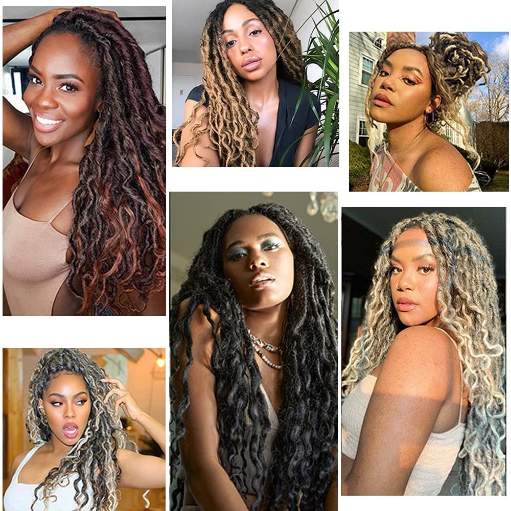 Goddess Faux Locs With Curly End Synthetic Crochet Braids Hair Extensions For Women Ombre Brown Color Messy Dreadlocks