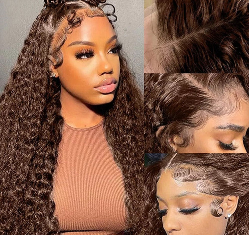 Chocolate Brown Lace Front Human Hair Wigs Deep Wave 13x4 HD Transparent Lace Frontal Wig Glueless Wig For Women