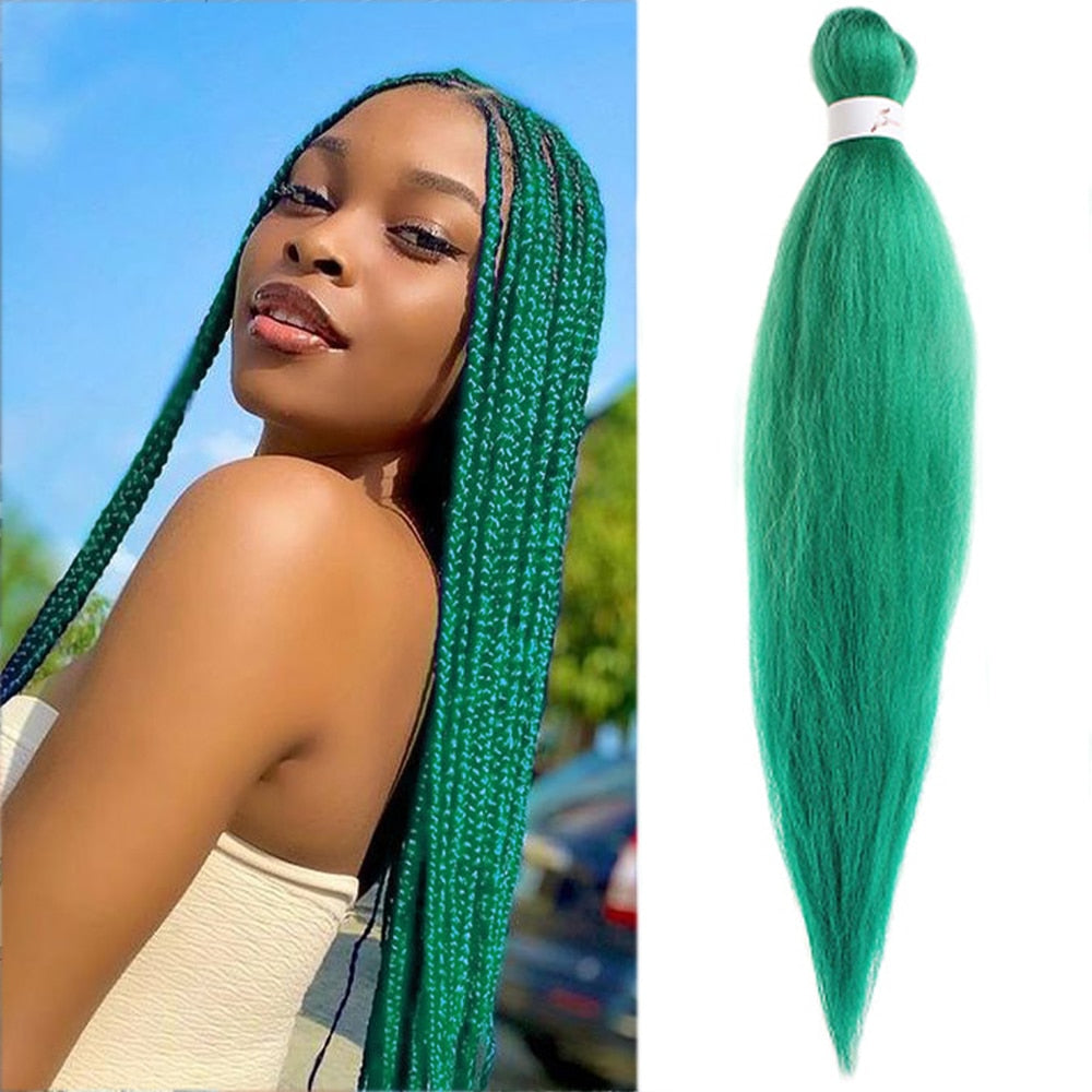 4Pcs Long Straight Pre Stretched Synthetic Braiding Hair Extensions Green Color Box Braid 24/30inches Rainbow Crochet Hair