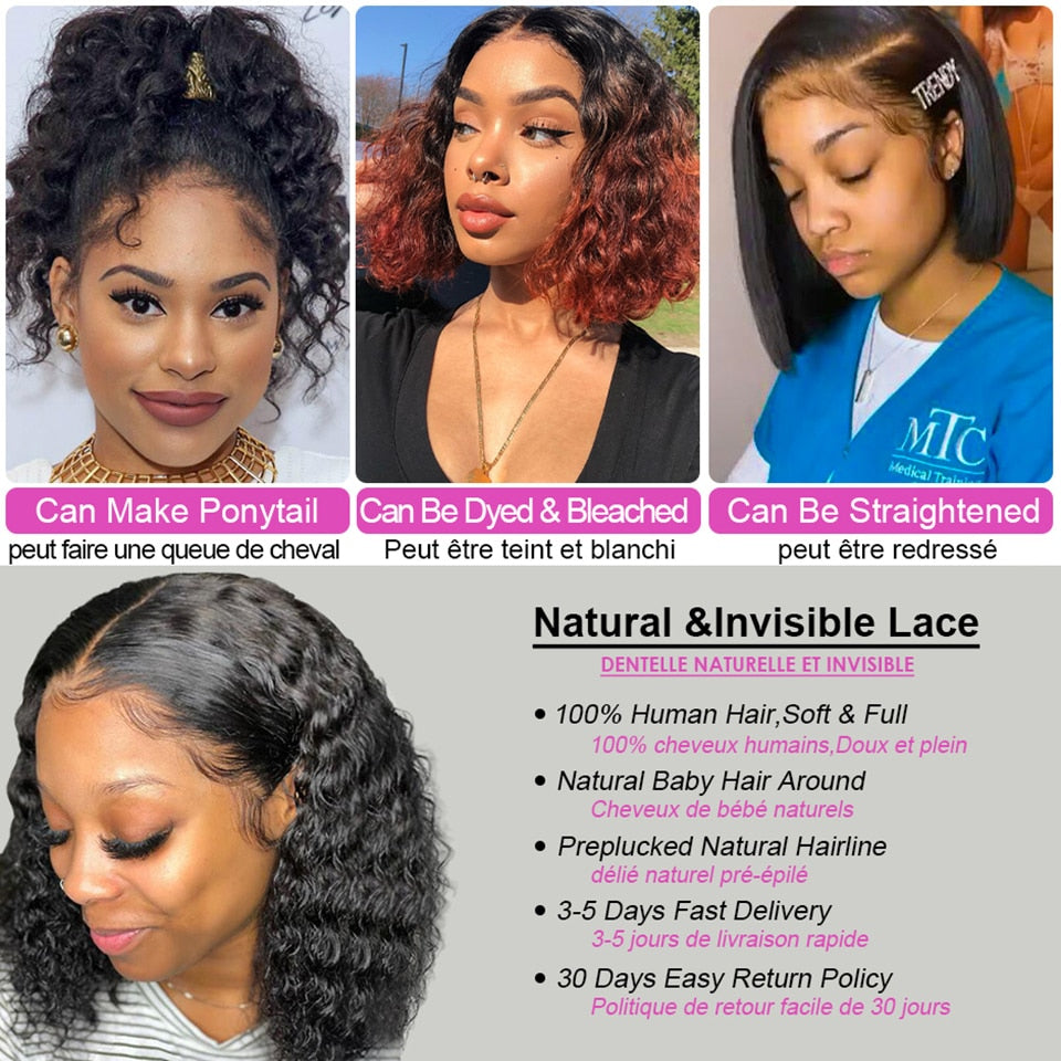 Water Wave Lace Front Wigs for Women Brazilian Closure Bob Wig 13x4 Transparent Lace Frontal Short Wigs Human Hair Pre Plucked