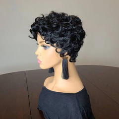 Pixie Cut Wig Human Hair Short Bob Wigs With Natural Bangs For Woman Black Color Brazilian Curly Wigs Machine Made Wig Glueless