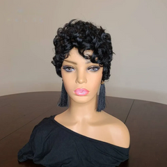 Pixie Cut Wig Human Hair Short Bob Wigs With Natural Bangs For Woman Black Color Brazilian Curly Wigs Machine Made Wig Glueless