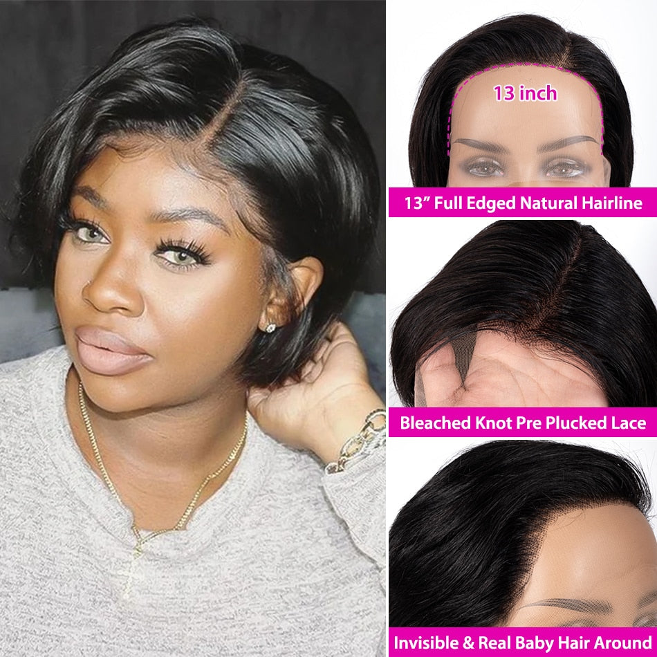Pixie Cut Wig Human Hair Ombre Blonde Color Cheap Short Bob Straight Wig For Black Women Transparent Lace Frontal Brazilian Remy