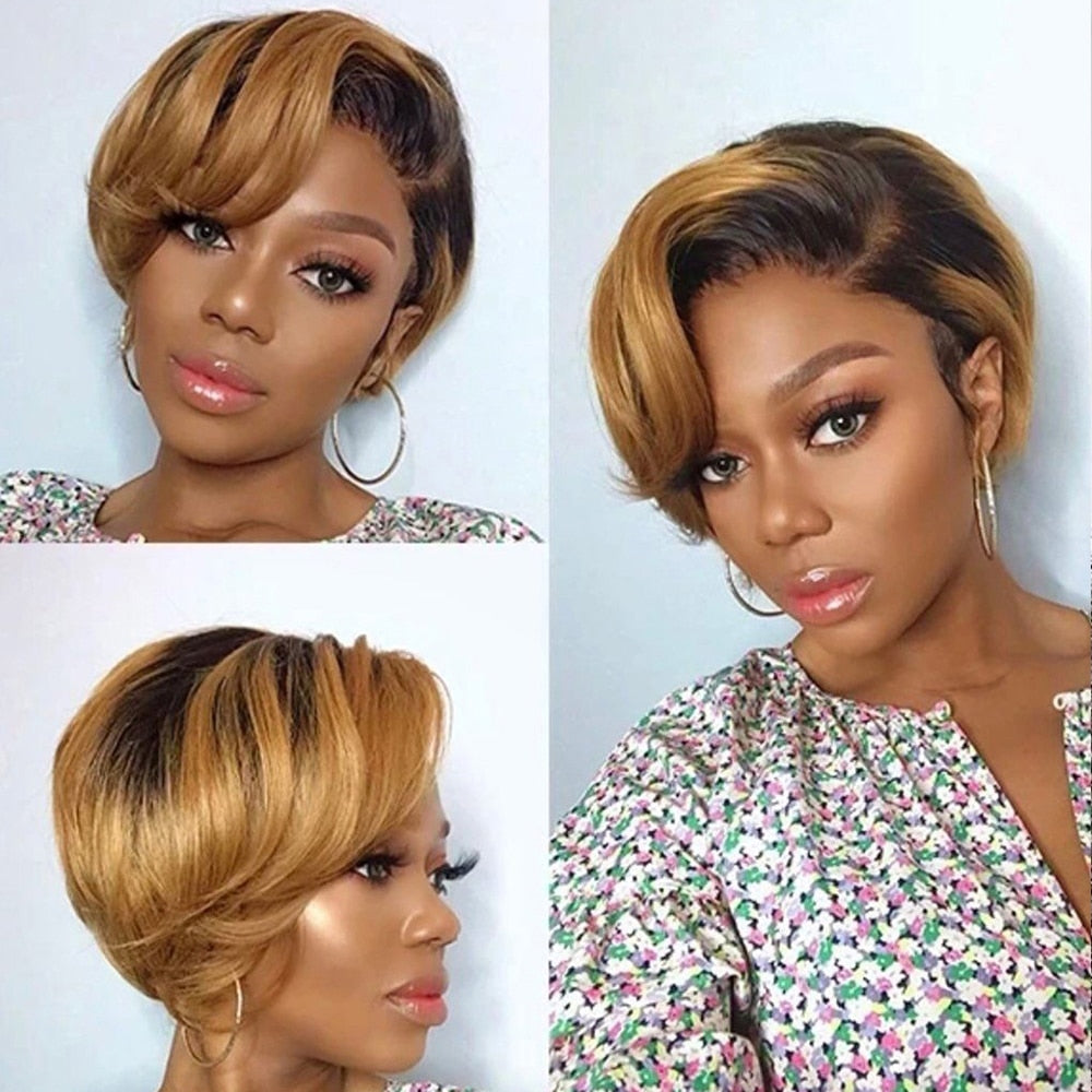 Pixie Cut Wig Human Hair Ombre Blonde Color Cheap Short Bob Straight Wig For Black Women Transparent Lace Frontal Brazilian Remy