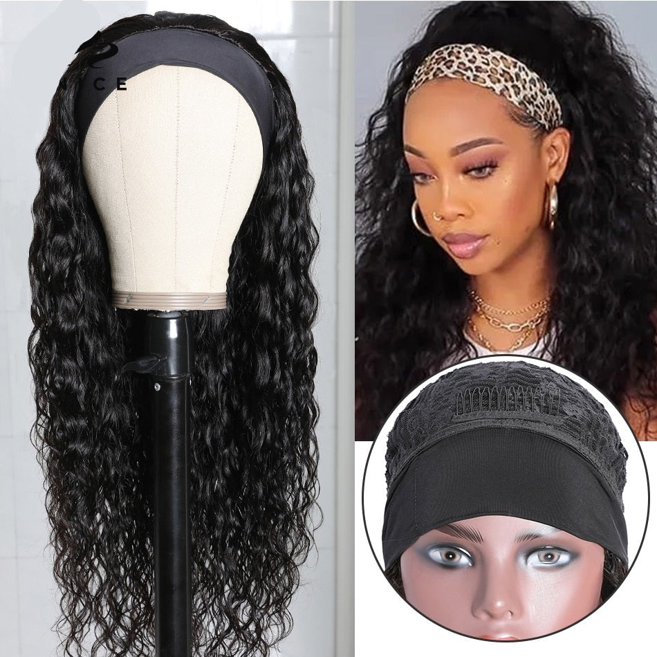 Headband Wig Human Hair Headband Scarf Wig Water Wave Human Hair Wigs for Women No Glue No Sew In